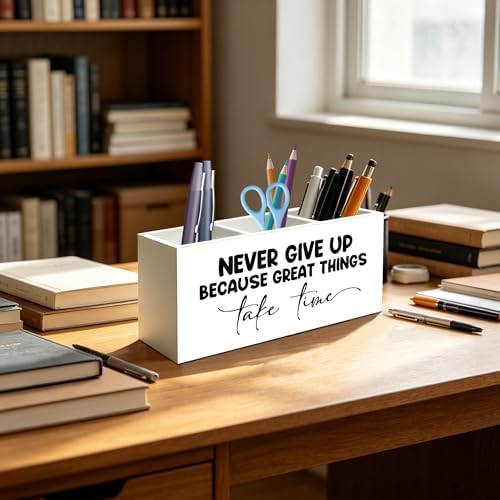 Inspirational Pen Pencil Holder Organizer for Home Office Classroom Desk Accessories, Never Give Up Because Great Things Take Time Motivational Positive Wood Signs for Desk Tabletop Decor - Image 4