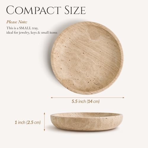 Natural Travertine Valet Tray - 5.5" Round Stone Jewelry Trinket Dish Catchall for Keys, Watches, Rings - Decorative Beige Bowl for Entryway, Nightstand, Bathroom Vanity - Image 2