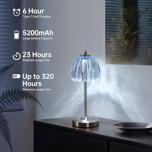 Shenmoyl Rechargeable Table Lamp with 5200mAh Battery & Touch Control - 3 Adjustable Color Temperatures, Cordless Dimmable Table Light for Bedroom, Office Desk, Nightstand(Clear Light Blue,1 Pack) - Image 5
