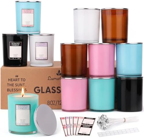 8.5oz Candle Jars with Lids, 12 Pack Colored Glass Containers for Candle Making, DIY Kit with 20 Wicks, Stickers & Labels, Refillable Aromatherapy Jars for Home Decor & Gifts by Unknown