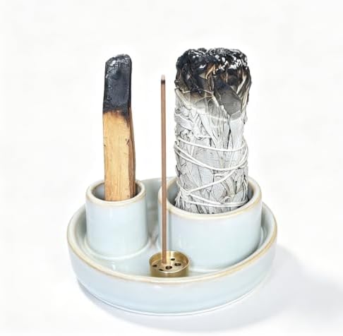 4 in 1 Incense Holder, Ceramic Incense Stick and Palo Santo Holder,Sage Holder for Burning- 4.25" Ceramic Ash Catcher Tray for Meditation and Yoga Room (Celestian) by FancyLemon