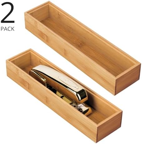 mDesign Slim Wooden Bamboo Drawer Organizer for Office - 12" Long Stackable Storage Box Tray for Desk Drawers/Cabinet - Junk Drawer and Accessories Organization - Echo Collection, 2 Pack, Natural Wood - Image 2