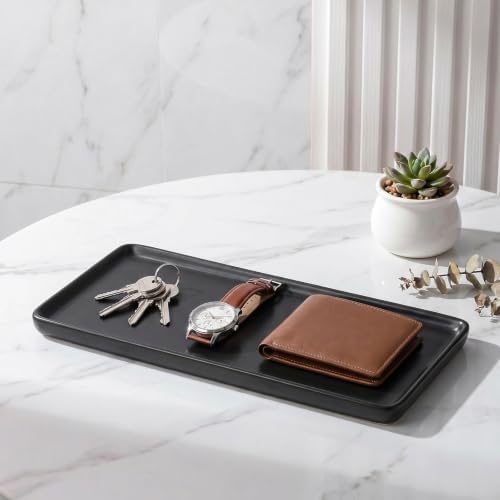 10″ x 3.5″ Ceramic Bathroom Vanity Tray, Rectangular Decorative Countertop Tray for Bathroom Kitchen, Ceramic Organizer Tray for Perfume, Candle, Jewelry, Cosmetics, Soap Dispenser, Dresser Top, Black - Image 2