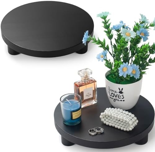 Wood Riser for Decor, 2 Pack Wood Pedestal Stand for Display, Round Wooden Tray for Kitchen Counter, Wooden Pedestal Stand for Plant Pot Indoor (Round - Black) - Image 3
