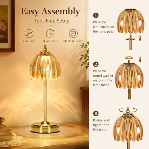 NewAoNaSen Glass Tulip Table Lamp, Cordless Rechargeable Table Light -Amber - Image 6