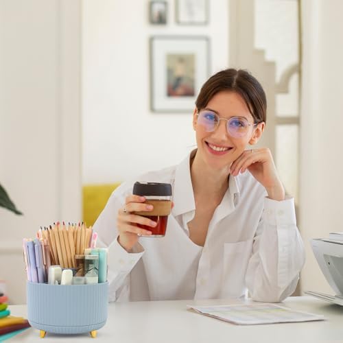 SKYDUE 360 Degree Rotating Desk Organizer, Dual-Purpose Pencil Pen Holder, Rotating Desk Pen Organizer with 5 Slots, Pencil Cup for Office, School, Home (Airy Blue) - Image 7