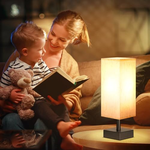 aooshine Small Bedside Table Lamp for Bedroom - Square Cream Fabric Shade - Image 3