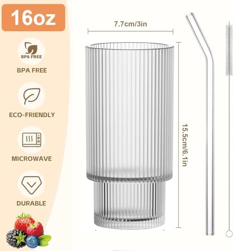 16OZ Ribbed Glass Cups with Lids and Straws,Iced Coffee Cups with Bamboo Lid,Vintage Glassware for Whiskey Cocktail Beer Fruit Juice Glasses Tumbler(2 Pack) - Image 3