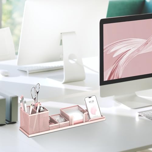 Pen Holder for Desk, 6-Piece Mesh Desk Organizer with Phone Holder, Pink - Image 6