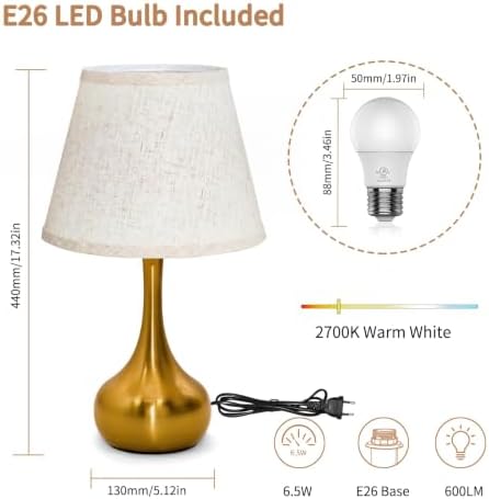 ONEWISH Touch Table Lamp for Bedroom, 3-Way Dimmable Gold Bedside Lamps for Nightstand with Fabric Shade,17.32'' Desk Lamp for Kids Reading, Home Office - Image 7