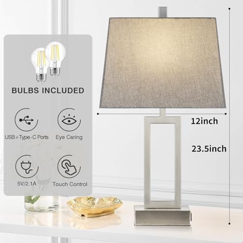 Lolikit 23.5" Touch Control Table Lamps, Metal Bedside Lamp for Bedroom Set of 2 with USB A+C Ports & AC Outlet, 3-Way Dimmable Nightstand Lamp for Living Room (LED Bulb Included) - Image 4