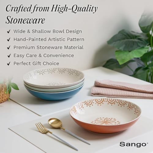 Sango 4-Piece Speckled Stoneware Pasta Bowl Set- Wide Shallow Dinner Bowls with Hand-Painted Rustic Design, Farmhouse Glossy Large Ceramic Bowls for Pasta, Salad & Everyday Meal, Siterra Glazed Garden - Image 5