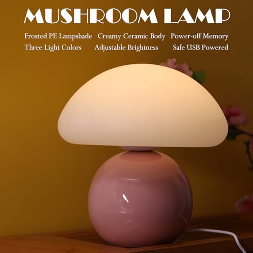 Cute Small Mushroom Lamp, PE Lampshade, Ceramic Base, Adjustable Light Color and Brightness with Power-Off Memory, Safe USB Powered, LED Mushroom Light for Bedroom Living Room (Pink) - Image 2