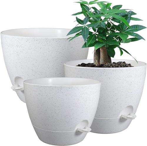UOUZ Large Self Watering Pots, 12/10/9 Plastic Planters with High Drainage Holes and Deep Reservoir for Indoor Outdoor Garden Plants and Flowers, White Speckles by UOUZ