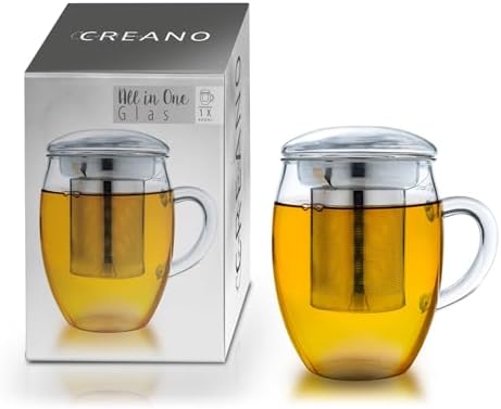 Creano Tea Glass with Stainless Steel Infuser and Glass Lid - 14oz (400ml) by Creano