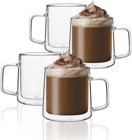 CNGLASS 12oz Glass Coffee Mugs,Double Wall Insulated Glass Cups with Handle,Clear Espresso Mugs for Latte,Cappuccino,Tea Bag,Set of 4 by CNGLASS