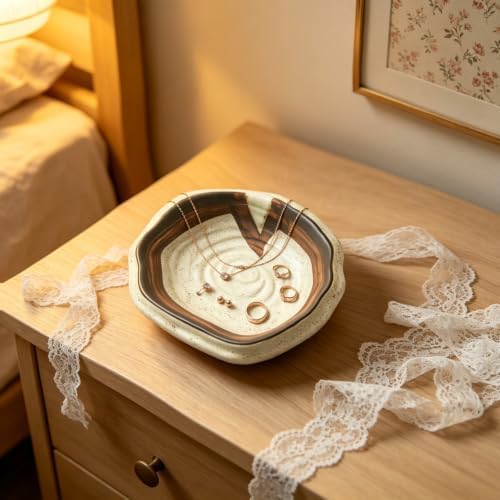 Ceramic Jewelry Dish, Speckled Volcano Glaze Trinket Tray, 4 Footed Rustic Ring Holder, Shallow Jewelry Organizer for Vanity Nightstand, Boho Minimalist Decorative Bowl for Rings Earrings Necklaces - Image 4