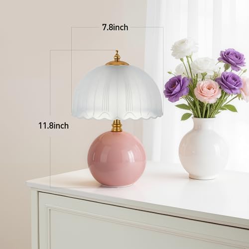PARTPHONER Mushroom Table Lamp, Ceramic Bedside Lamp with Glass Shade, 3-Way Lighting (2700K-5000K) Rocker Switch, Small Nightstand Lamp for Bedroom, Living Room, Office, Pink - Image 5