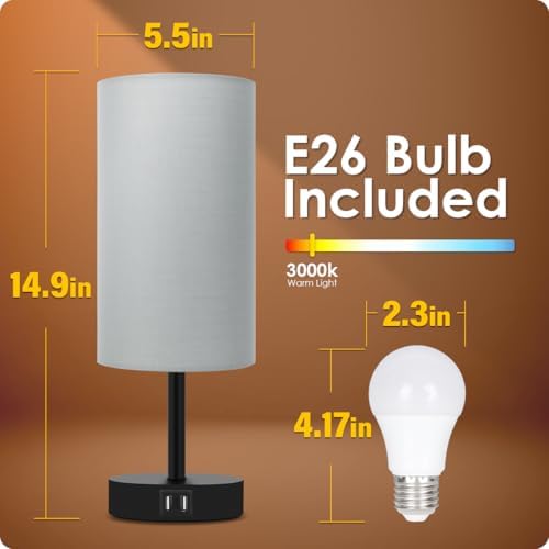 Yarra-Decor Bedside Lamp with USB Port - Touch Control Table Lamp for Bedroom 3 Way Dimmable Nightstand Lamp with Round Grey Fabric Shade for Living Room, Dorm, Home Office (LED Bulb Included) - Image 6