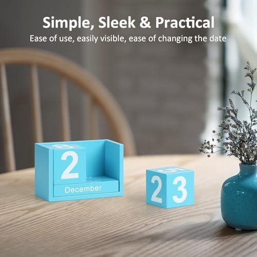 Wooden Block Calendar for Desk, Small Size Daily Desktop Perpetual Desk Calendar, Cute Date Display Desk Accessories for Home Office Decor, Teacher, Classroom, Reusable Yearly, Blue - Image 5