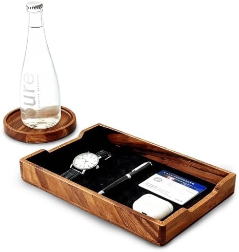 Walnut Desk Tray with Cup Coaster Set, Natural Wooden felt lined Desk Drawer Organizer for Keys, Pen, Watch, Home Office Desktop Accessories by Unknown