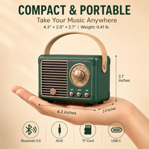 Dosmix Retro Bluetooth Speaker,Vintage Decor,Small Gift for Women Men Green - Image 3