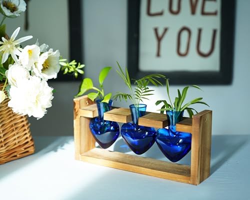 Kingbuy 3-Heart Plant Terrarium Kit with Vintage Wood Stand - Stained Glass Vase Propagation Station, Wall-Mounted & Tabletop Indoor Decor for Home Kitchen Wedding Gift, Blue - Image 2