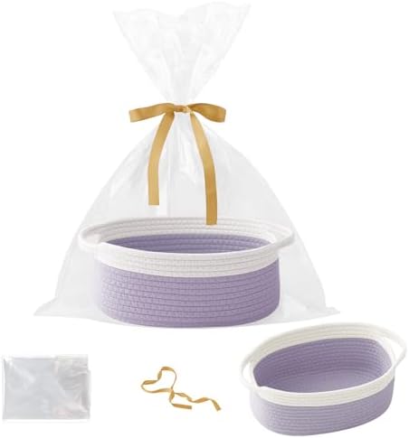 Woven Rope Basket-Baby Gift Basket with Bag & Ribbon, White&Purple by HZFTJOY