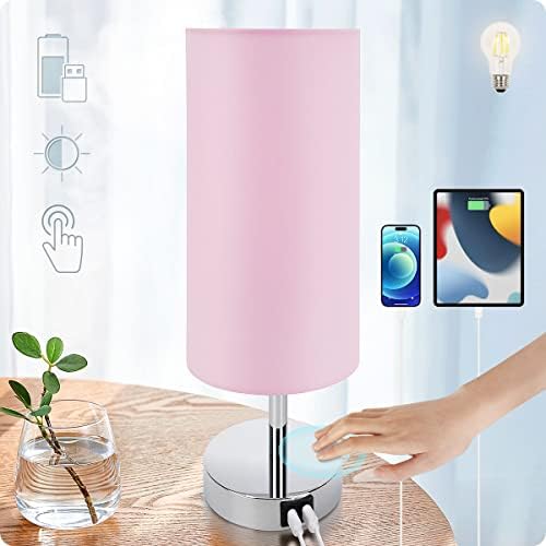 Yarra-Decor Bedside Lamp with USB Port - Touch Control Table Lamp for Bedroom 3 Way Dimmable Nightstand Lamp with Round Pink Fabric Shade for Living Room, Dorm, Home Office (LED Bulb Included) by Yarra-Decor