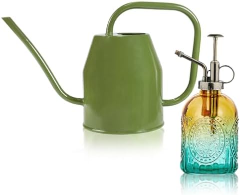 35 oz/1000 ml Metal Indoor Small Watering Can with Long Spout for House Plants Decorative, 12 oz/360 ml Glass Plant Mister Spray Bottle for Bonsai Garden Flowers(Green) by Megawodar