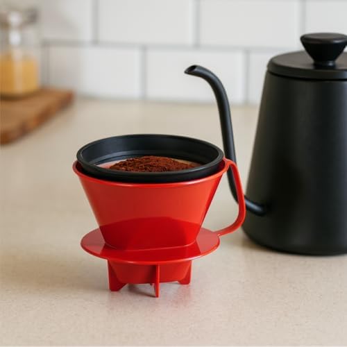Fino Pour-Over Reusable Coffee Brewing Cone with Gold-Toned Mesh Permanent Coffee Filter, Number 4-Size, Red - Image 2