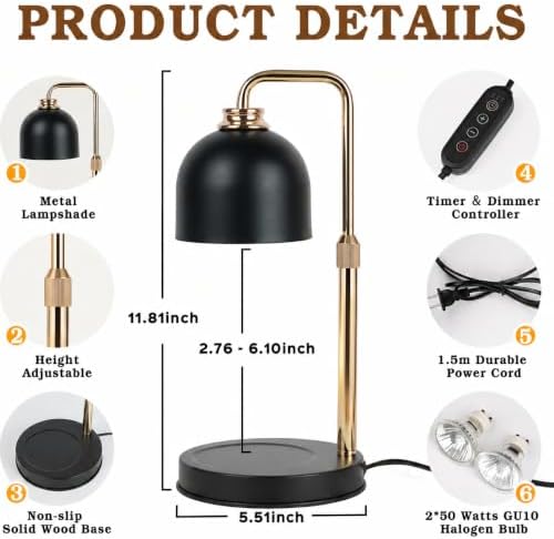 Funistree Candle Warmer Lamp with Timer Dimmer, Adjustable Height Christmas Birthday Gifts for Women Mom, Modern Vintage Black Candle Warmer, Vintage Home Decor for Scented Jar with 2 Bulbs - Image 4