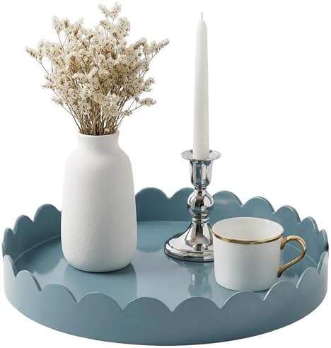 Gesodant 13" Round Scalloped Decorative Tray for Coffee Table Decor, Candle & Perfume Tray, Dining Table Centerpiece & Aromatherapy Candle Display, Modern Glossy Lacquer Look (Light Blue) by Gesodant+