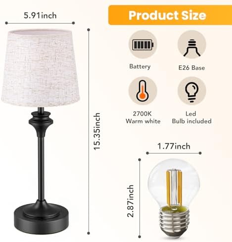 NIORSUN Portables Cordless Table Lamp Set of 2, Battery Operated Lamp, Bedside Table Lamp with Warm White,3 Way Dimmable Touch Desk Lamp for Bedroom Living Room Restaurant Whtie Shade (Black) - Image 5