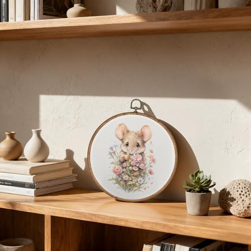 OFJE Pink Floral Mouse Nursery Wall Art Decor, Farmhouse Spring Cute Mouse Animal Round Wall Hanging Decor, Pastel Flower Framed Canvas Prints for Nursery Kids Bedroom Home Decorations, 10x10 Inch - Image 4