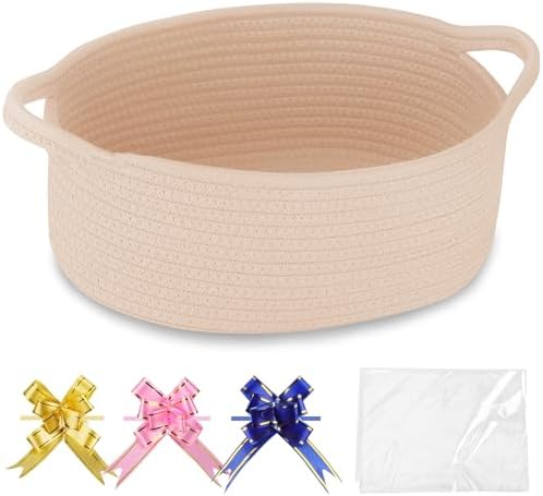 COMSE Small Woven Basket with Gift Bags and Ribbons, Gift Basket Empty, Cotton Rope Storage Organizer, Baby Toy Box with Handles, 12" x 8" x 5", Beige by COMSE