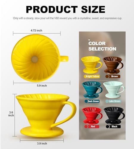 Pour Over Coffee Dripper - Ceramic Cup, Pour Over Coffee Maker Cone, Porcelain Cone, Easy Manual Brew Maker - Strong Flavor Brewer for Home, Cafe, Office - 1-4Cup, V60 Size 02 (Bright Yellow) - Image 5