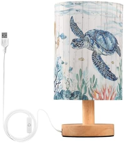 Light Blue Sea Turtle Wooden Background Table Lamp for Bedroom USB Port Lamps Small Accent Table Lamp Nightstand Lamp Study Linen Shade with Wooden Base Lamps for Bedside Reading|Kids|Dorm|Home by Fustylead