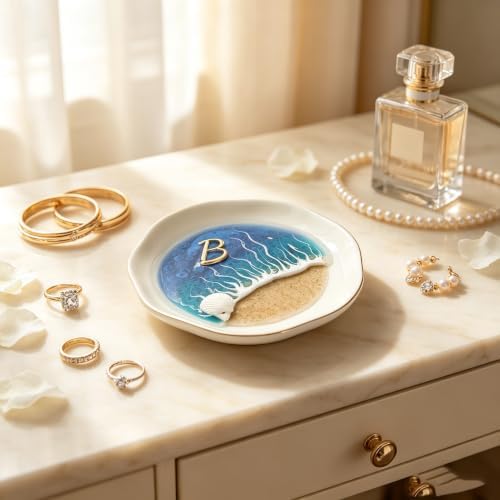 Ocean Jewelry Tray for Women, Ceramic Ring Dish with Gold Trim, Beach Wave Vanity Organizer for Dresser, Decorative Trinket Holder for Earrings, Necklaces (B) - Image 2