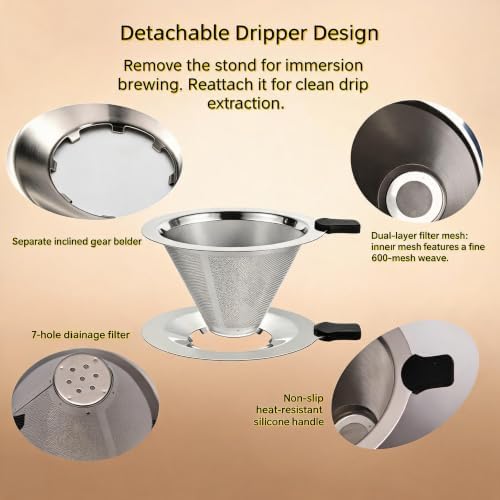 2-in-1 Immersion & Pour Over Coffee Maker,Reusable Stainless Steel Pour Over Coffee Dripper, V60 Style with Detachable Stand, Paperless Metal Coffee Filter for Single Cup Brewing - Image 5