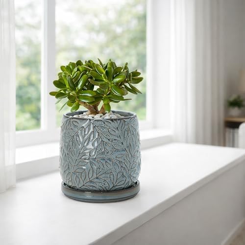 D'vine Dev Embossed Leaves Ceramic Planter, 5 in, Graphite Blue, 27-A-V-9 - Image 6