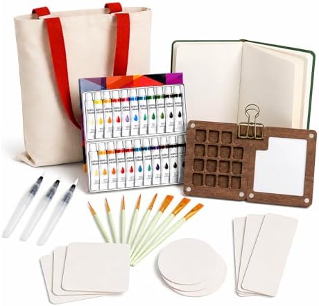 fsdyknej Portable Painting Kit for Adults, Travel Art Set with Mini Wooden Palette, Canvas Tote Bag, Brushes, Blank Cards and Bookmarks for DIY Creative Projects by fsdyknej