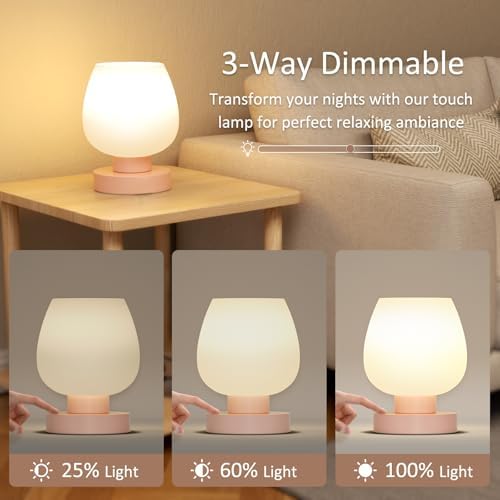 Seealle Pink Touch Table Lamp for Nightstand - Small Bedside Lamp for Bedroom Living Room Night Stands, Desk Lamp with White Glass Shade for Small Spaces, 3 Way Dimmable, LED Bulbs - Image 2