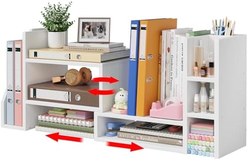 Desktop Shelf Desk Organizer File Holder - Dorm College Desk Bookshelf, Adjustable White Wood Shelving, Small Countertop Bookcase for Office Supplies, Student Study Desk & Home Organization Rack by NUTIKAS