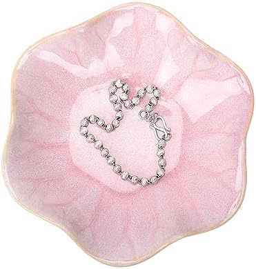 Ceramic Jewelry Dish, Lotus Leaf Decor Ring Tray, Small Key Bowl, Trinket Holder, Catch All Tray for Necklace Earrings, Nightstand Decor for entryway Table Home for Women Mom Friend Sister (Pink) by HOKMOKQOK