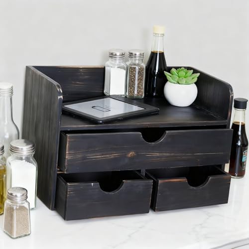 Vintage Rustic Wooden 3 Drawer with Shelf Office Desk Organizer & Mail Rack For Desktop,makeup holder Box for Office Home Toiletries Supplies Vanity, No Assembly Required (Rustic Black) - Image 7