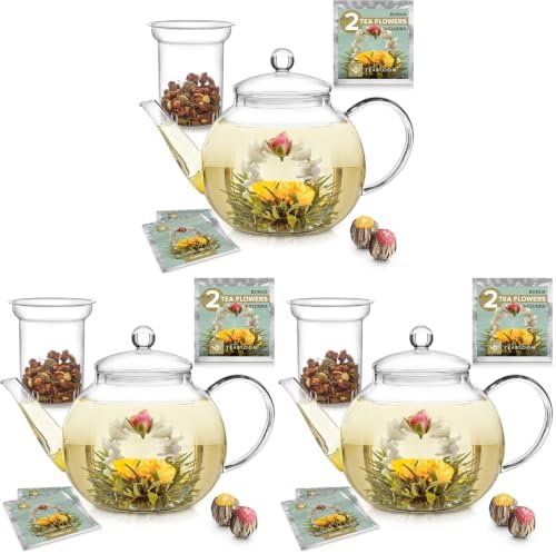Teabloom Stovetop & Microwave Safe Glass Teapot with Removable Loose Tea Glass Infuser – Includes 2 Blooming Teas – 2-in-1 Tea Kettle and Tea Maker – Tea Purist's Choice (Pack of 3) by Teabloom