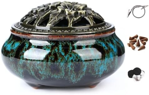 Censer Sky Blue Incense Burner with Calabash Incense Stick Holder - Porcelain Charcoal Censer for Use with Resin Granular Powder Cone or Coil Incense (Blue Fambe) by LamDawn