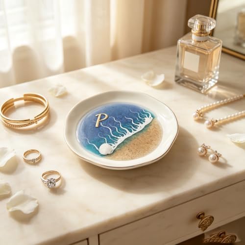Small Decorative Tray, Ocean Resin Coastal Beach Ceramic Tray, Gold Rim Ring Dish Jewelry Holder, Mini Trinket Dish for Vanity Shelf Bathroom Home Decor (P) - Image 2