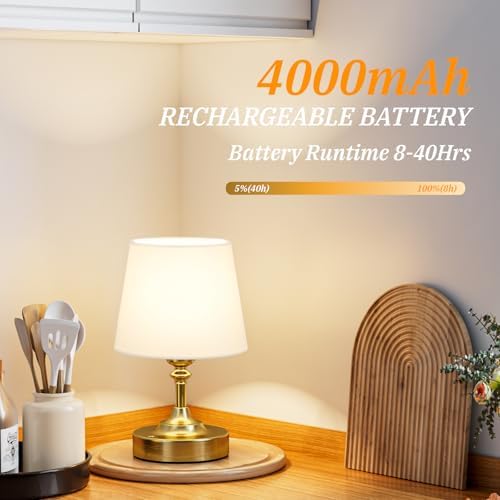 Kakanuo Mini Cordless Table Lamp Gold - 1 Pack 4000mAH Battery Operated Lamp for Decor, 3000K Stepless Dimming Touch Control Rechargeable Lamp for Bedroom, Dining Table, Counter, Living Room - Image 3